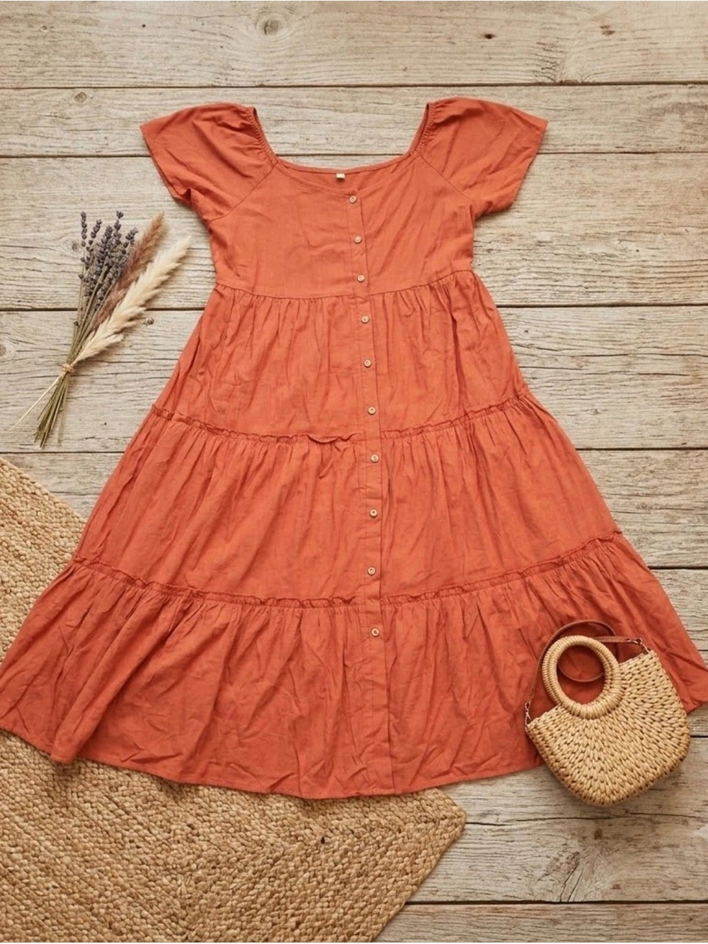 Tiered Button-Front Midi Dress in Rust